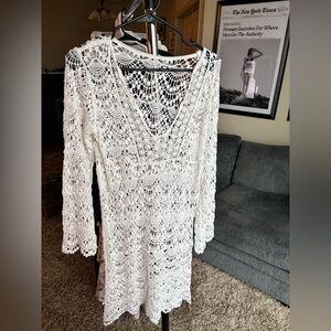 White Crochet V-Neck Long Sleeve Cover-Up Dress